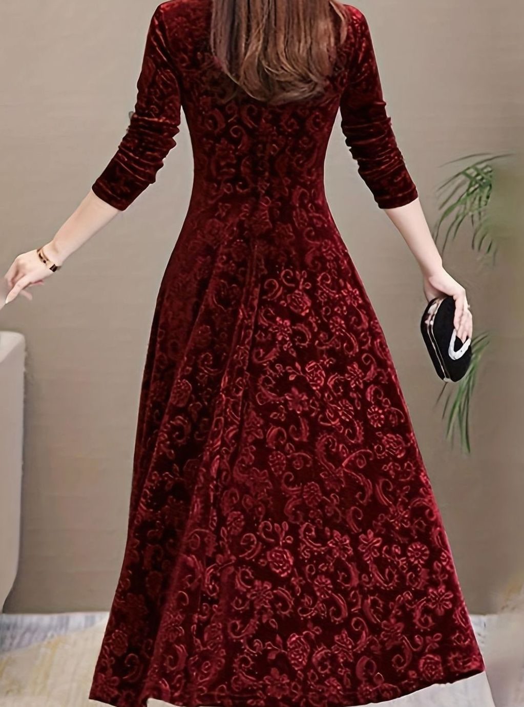 Women's Velvet V-Neck Long-Sleeve A-Line Midi Dress - Burgundy