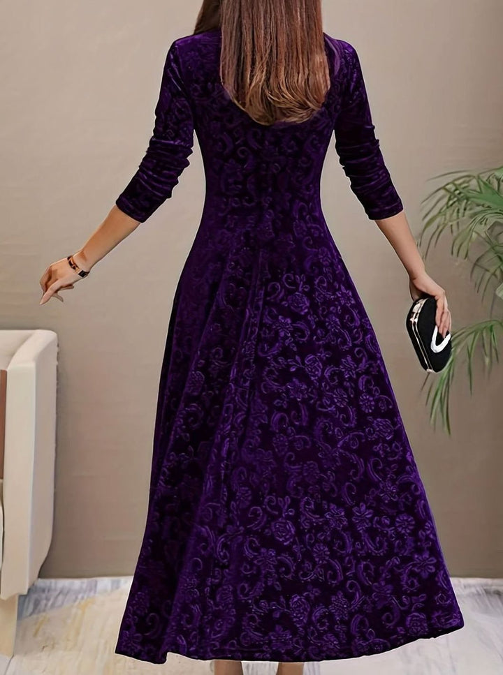 Women's Velvet V-Neck Long-Sleeve A-Line Midi Dress - Purple