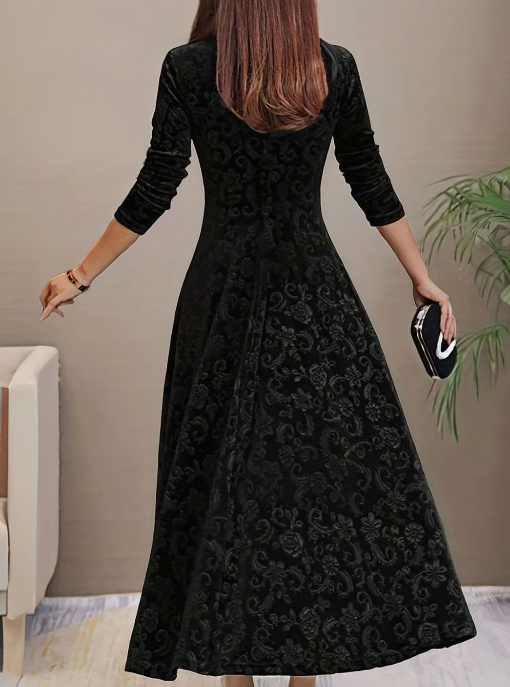 Women's Velvet V-Neck Long-Sleeve A-Line Midi Dress - Black