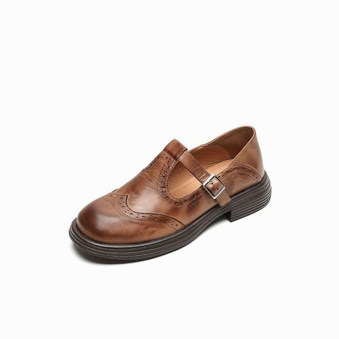 Women's Vintage Brogue Buckle-Strap Mary Jane Shoes - Brown
