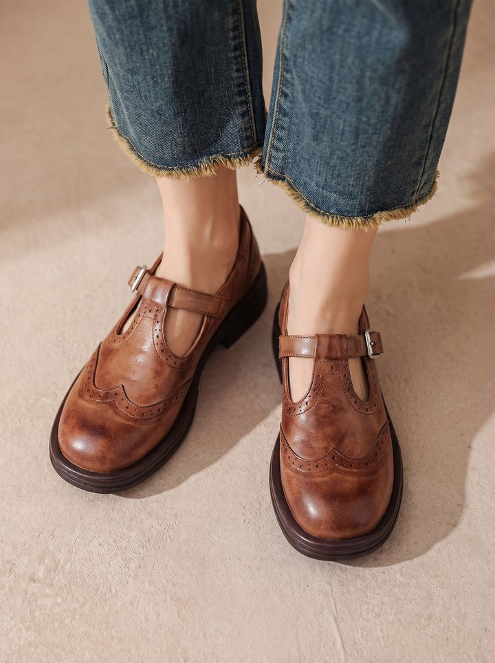 Women's Vintage Brogue T-Strap Buckle Mary Jane Flats