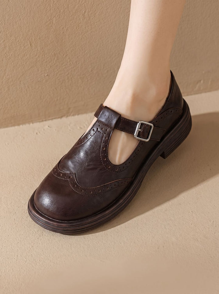 Women's Vintage Brogue T-Strap Buckle Mary Jane Flats - Dark Brown