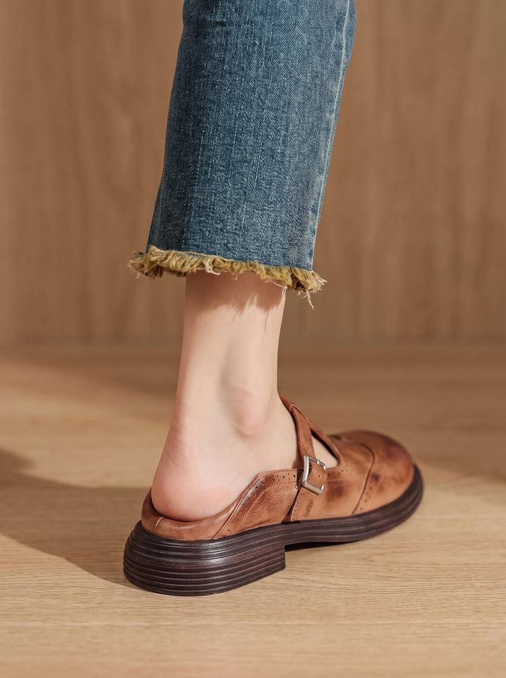 Women's Vintage Brogue T-Strap Buckle Mary Jane Flats