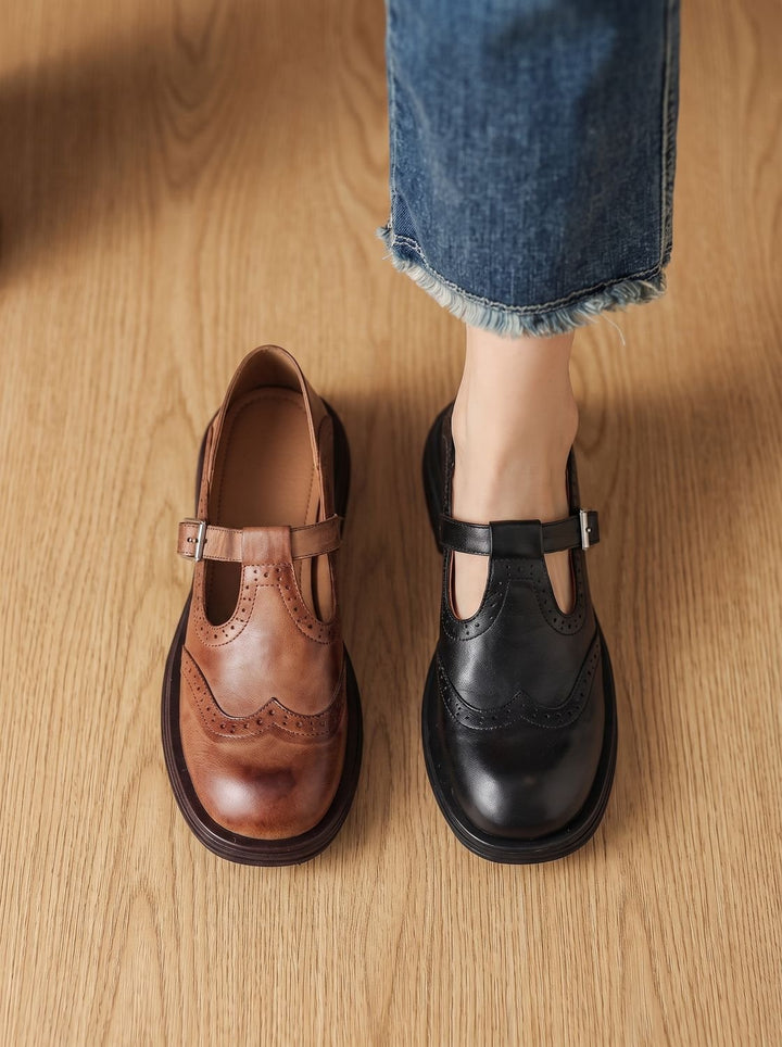 Women's Vintage Brogue T-Strap Buckle Mary Jane Flats
