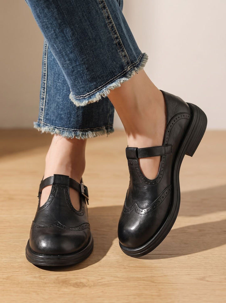 Women's Vintage Brogue T-Strap Buckle Mary Jane Flats