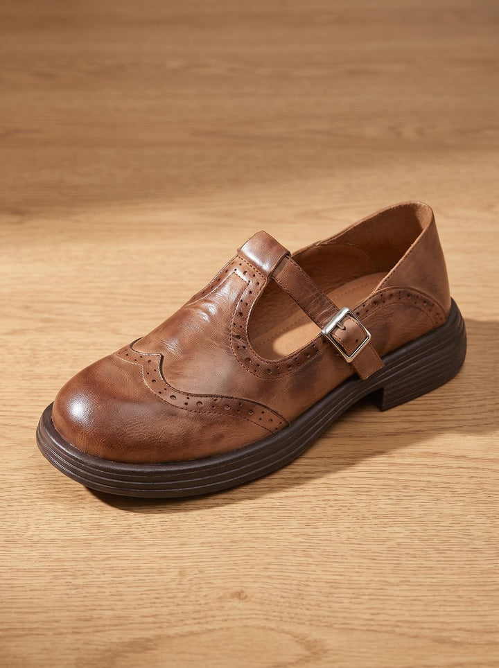 Women's Vintage Brogue T-Strap Buckle Mary Jane Flats - Brown