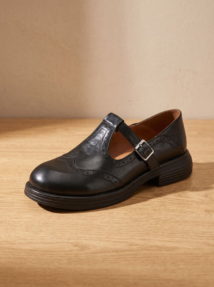 Women's Vintage Brogue T-Strap Buckle Mary Jane Flats - Black