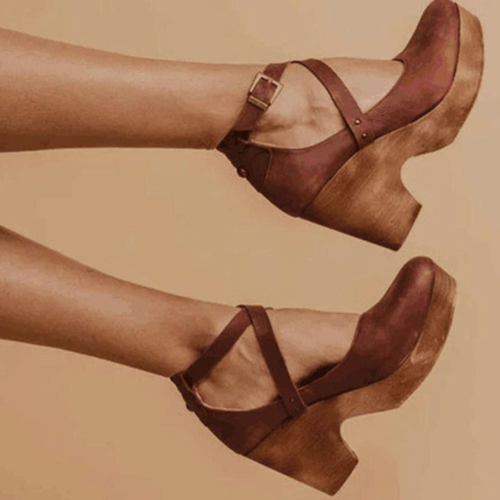 Women's Vintage Cross-Strap Wooden Block Heel Mary Jane Pumps