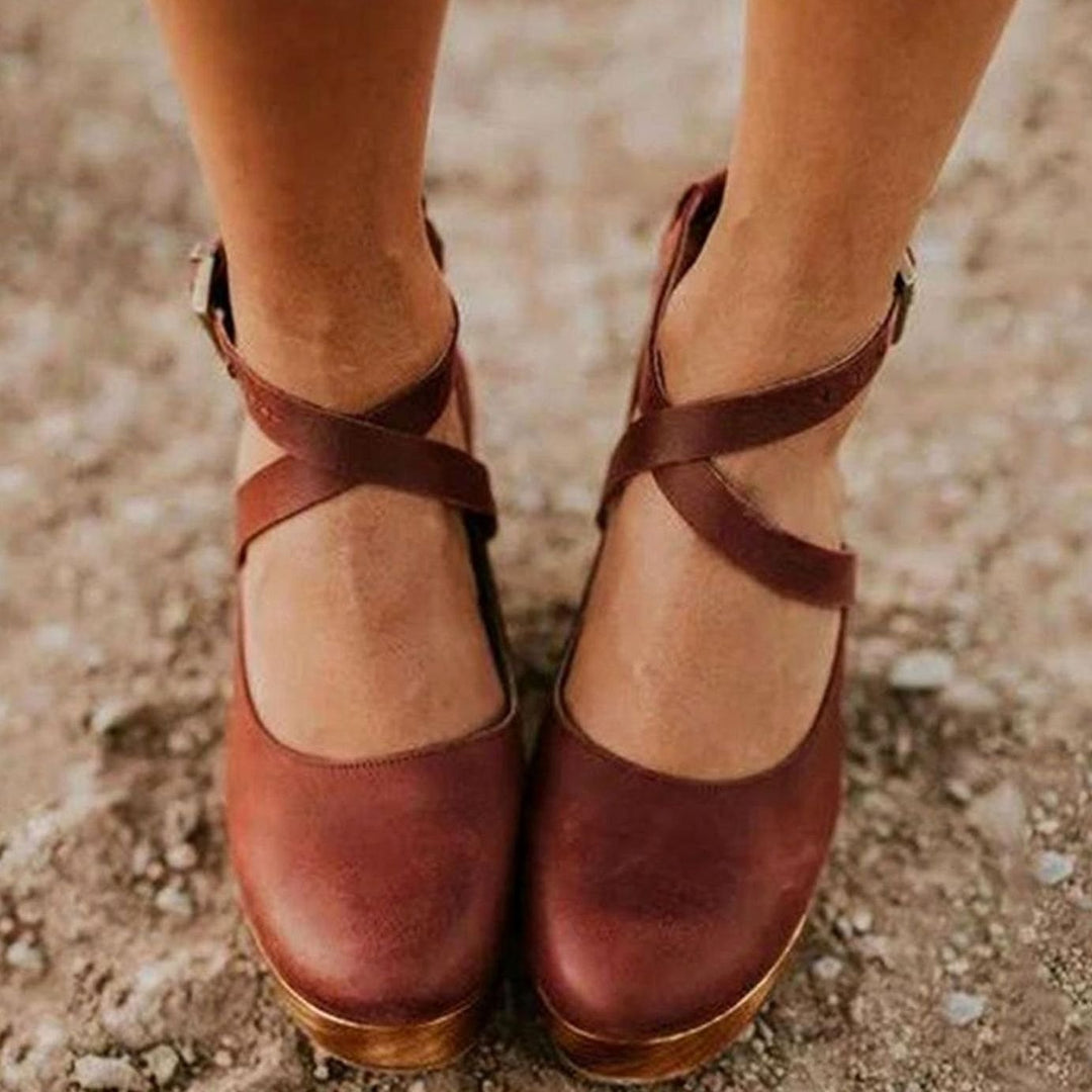 Women's Vintage Cross-Strap Wooden Block Heel Mary Jane Pumps - Brown