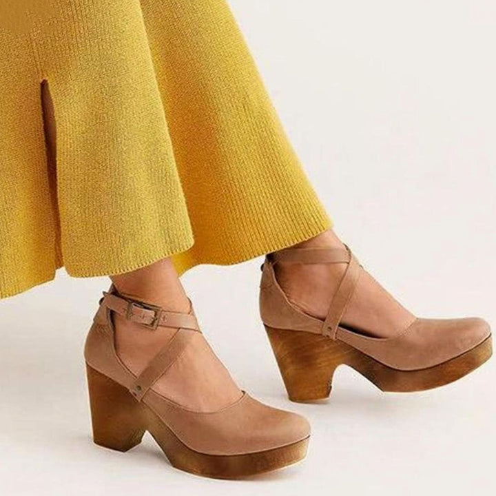 Women's Vintage Cross-Strap Wooden Block Heel Mary Jane Pumps - Khaki