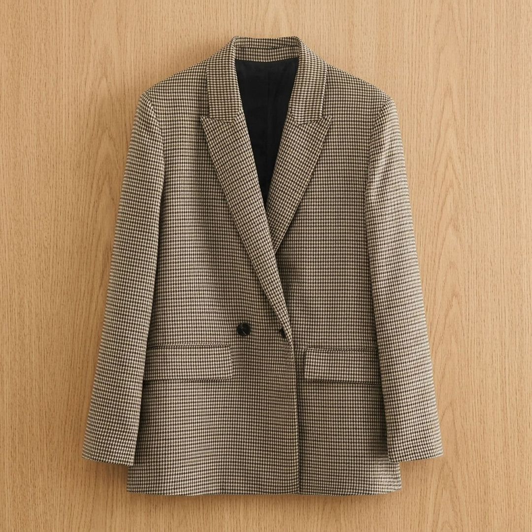 Women's Vintage Double-Breasted Houndstooth Blazer Jacket - Beige
