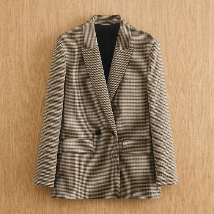 Women's Vintage Double-Breasted Houndstooth Blazer Jacket - Beige