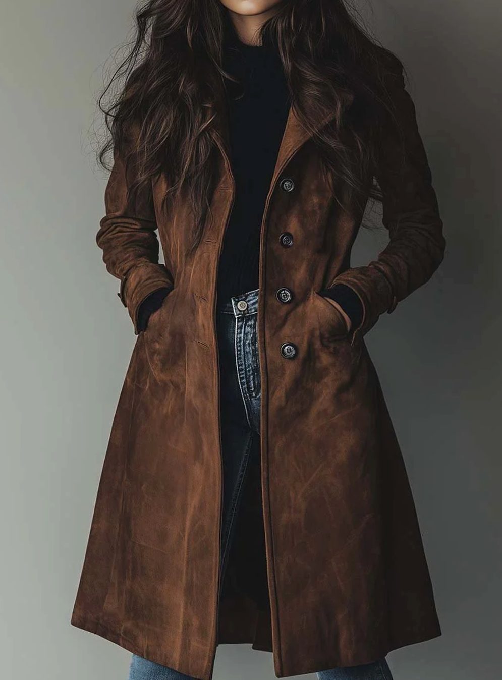 Women's Vintage Double-Breasted Suede Long Trench Coat - Brown