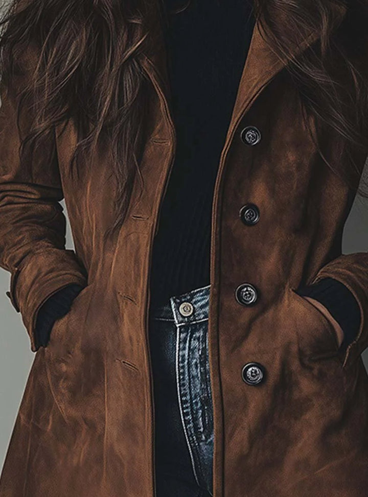 Women's Vintage Double-Breasted Suede Long Trench Coat