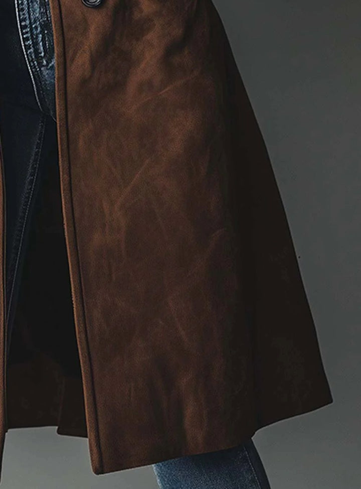 Women's Vintage Double-Breasted Suede Long Trench Coat