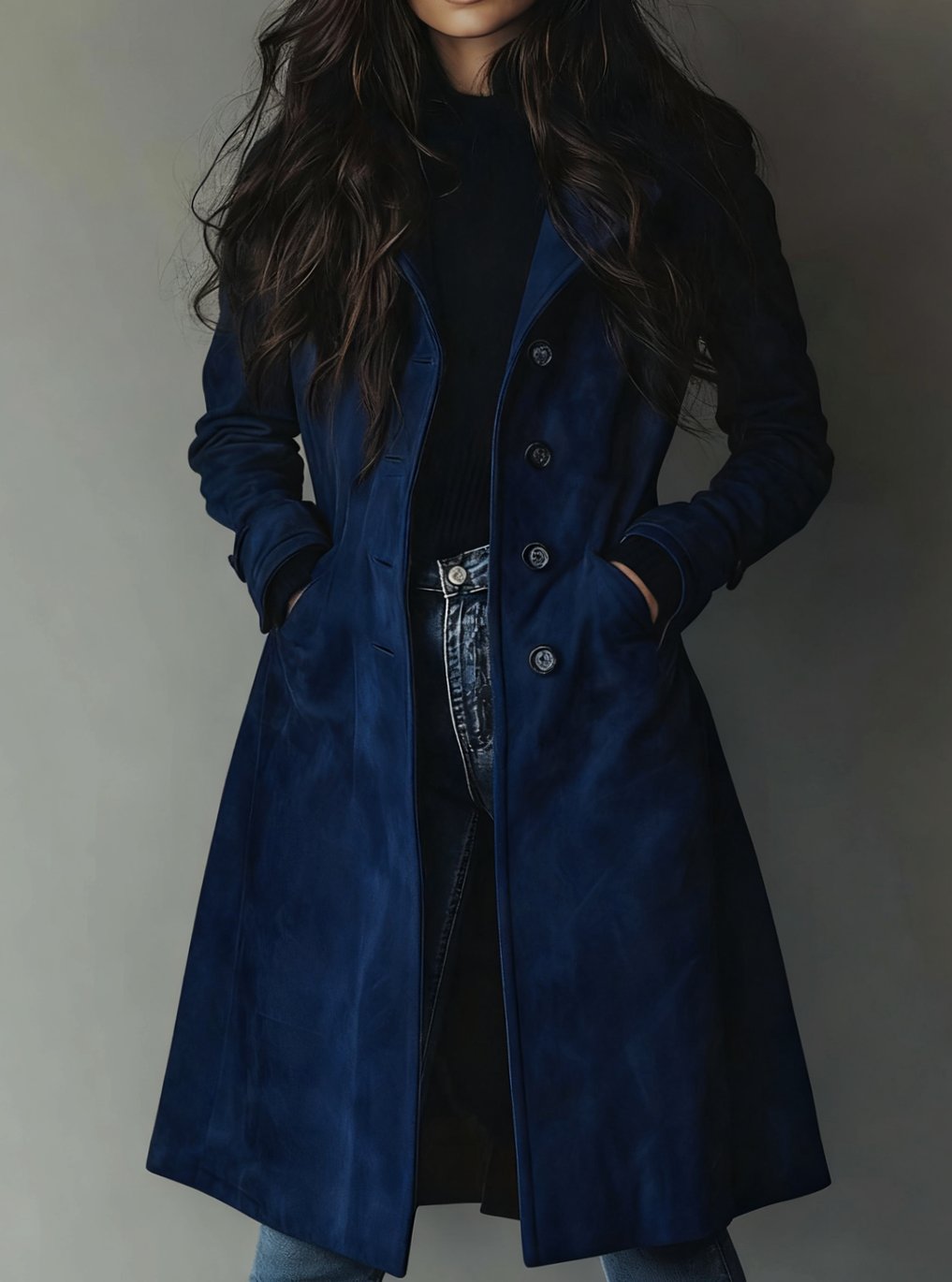 Women's Vintage Double-Breasted Suede Long Trench Coat - Dark Blue