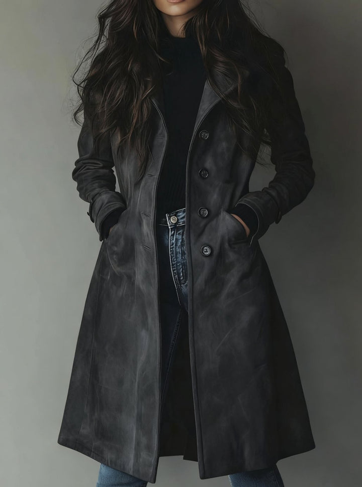 Women's Vintage Double-Breasted Suede Long Trench Coat - Dark Gray