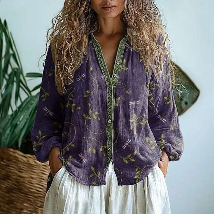 Women's Vintage Dragonfly Leaf Print Button-Down Shirt - Purple