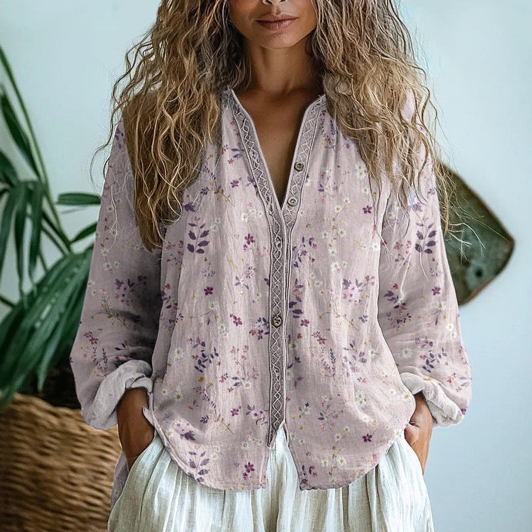 Women's Vintage Dragonfly Leaf Print Button-Down Shirt - Pink