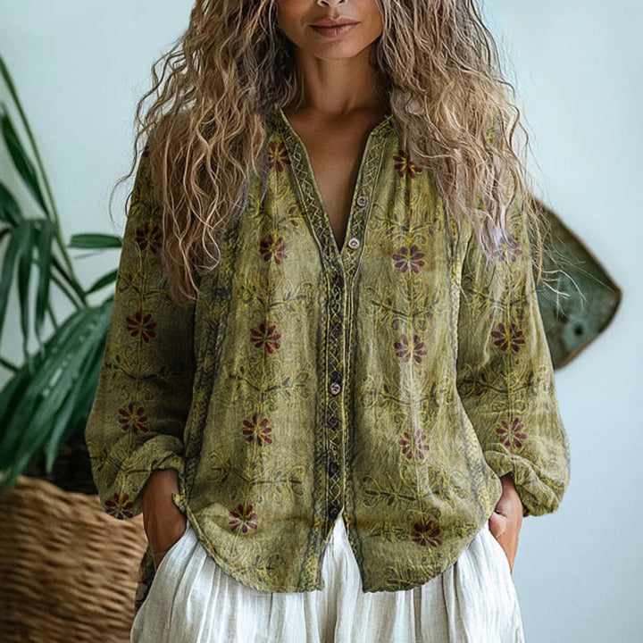 Women's Vintage Dragonfly Leaf Print Button-Down Shirt - Green