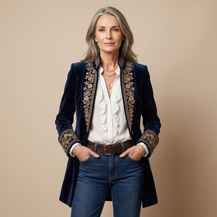 Women's Vintage Embroidered Longline Velvet Blazer Jacket - Navy