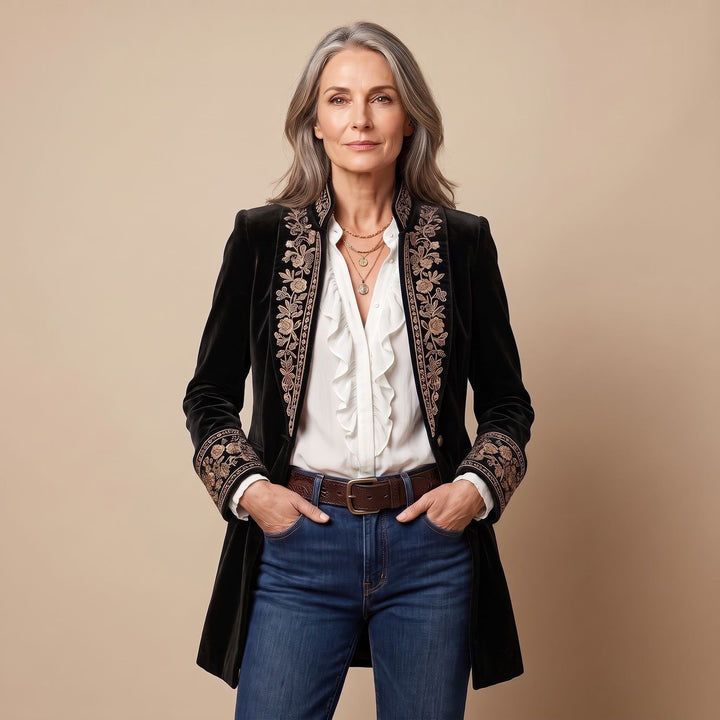 Women's Vintage Embroidered Longline Velvet Blazer Jacket - Black