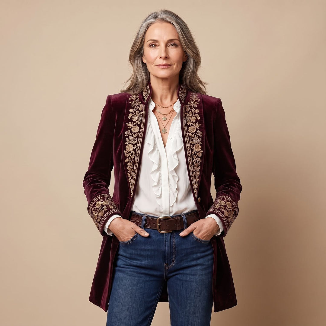 Women's Vintage Embroidered Longline Velvet Blazer Jacket - Wine Red