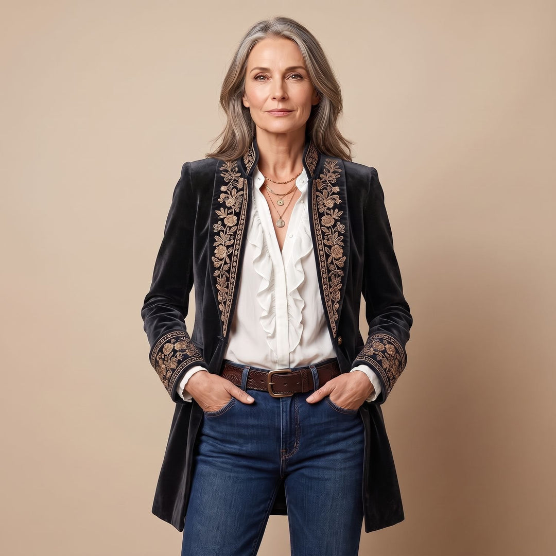 Women's Vintage Embroidered Longline Velvet Blazer Jacket - Rock Ash