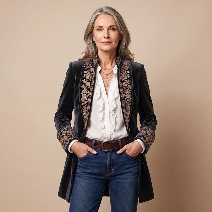 Women's Vintage Embroidered Longline Velvet Blazer Jacket - Rock Ash