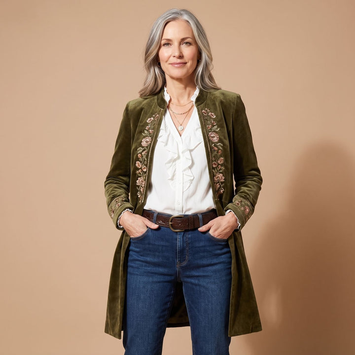 Women's Vintage Embroidered Longline Velvet Blazer Jacket - Olive