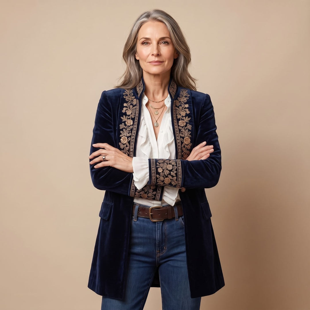 Women's Vintage Embroidered Longline Velvet Blazer Jacket
