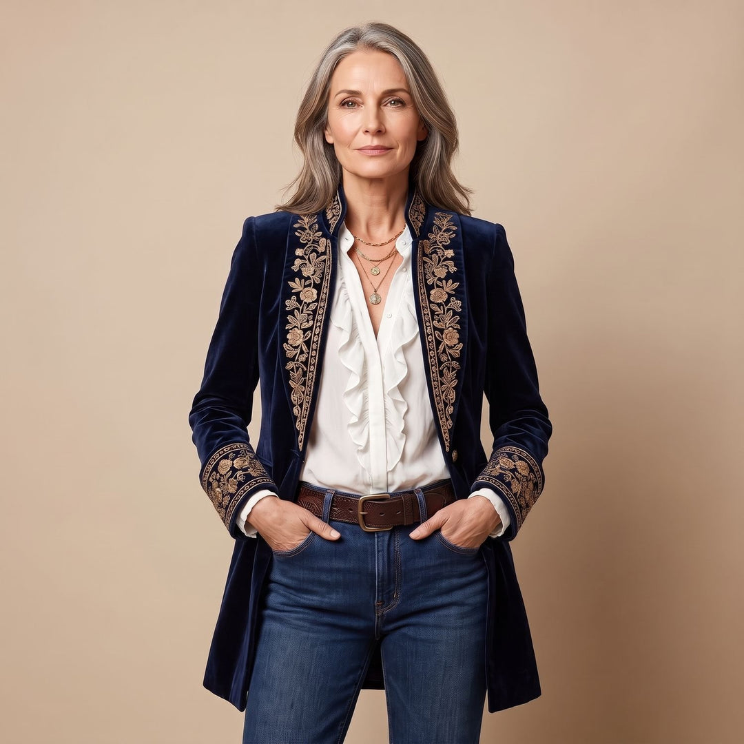 Women's Vintage Embroidered Longline Velvet Blazer Jacket