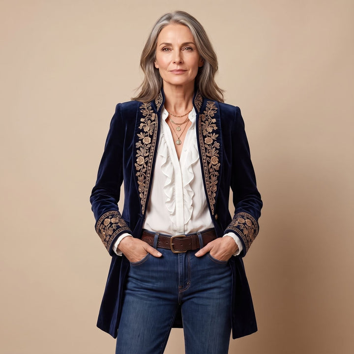Women's Vintage Embroidered Longline Velvet Blazer Jacket