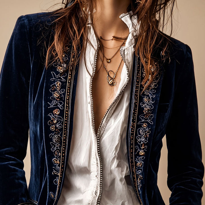 Women's Vintage Embroidered Longline Velvet Blazer Jacket