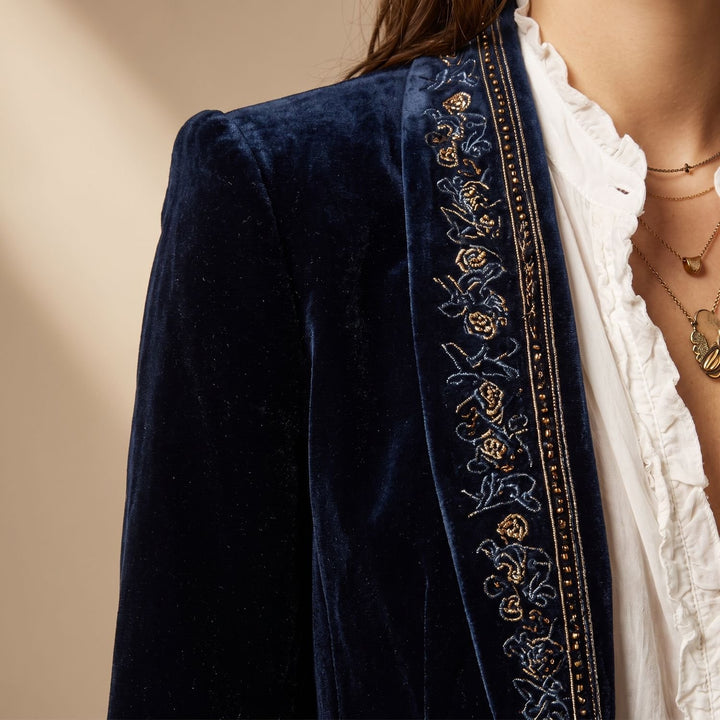 Women's Vintage Embroidered Longline Velvet Blazer Jacket