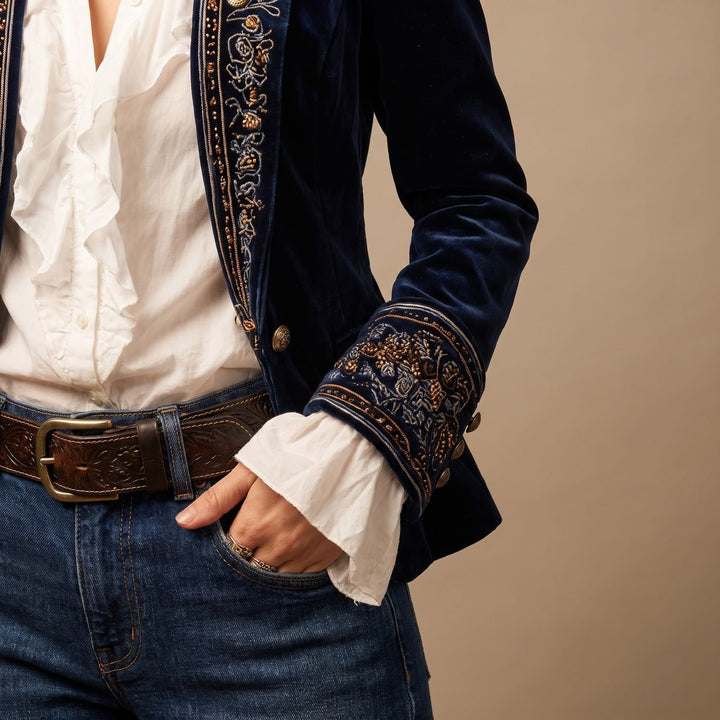 Women's Vintage Embroidered Longline Velvet Blazer Jacket