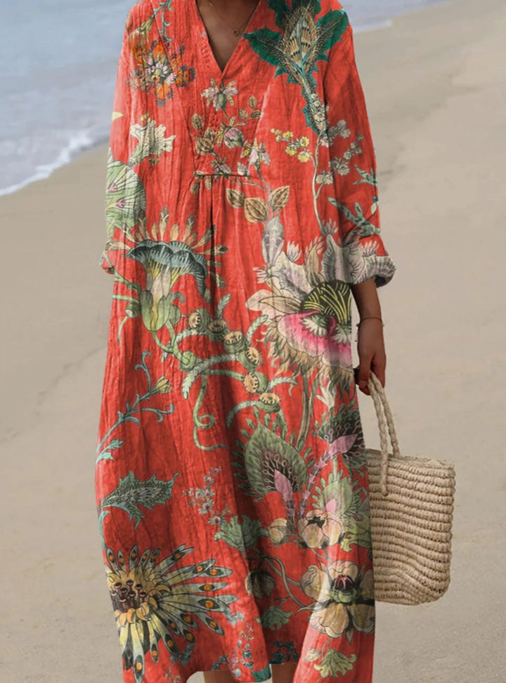 Women's Vintage Floral Art Print Long Sleeve Fall Dress - Orange