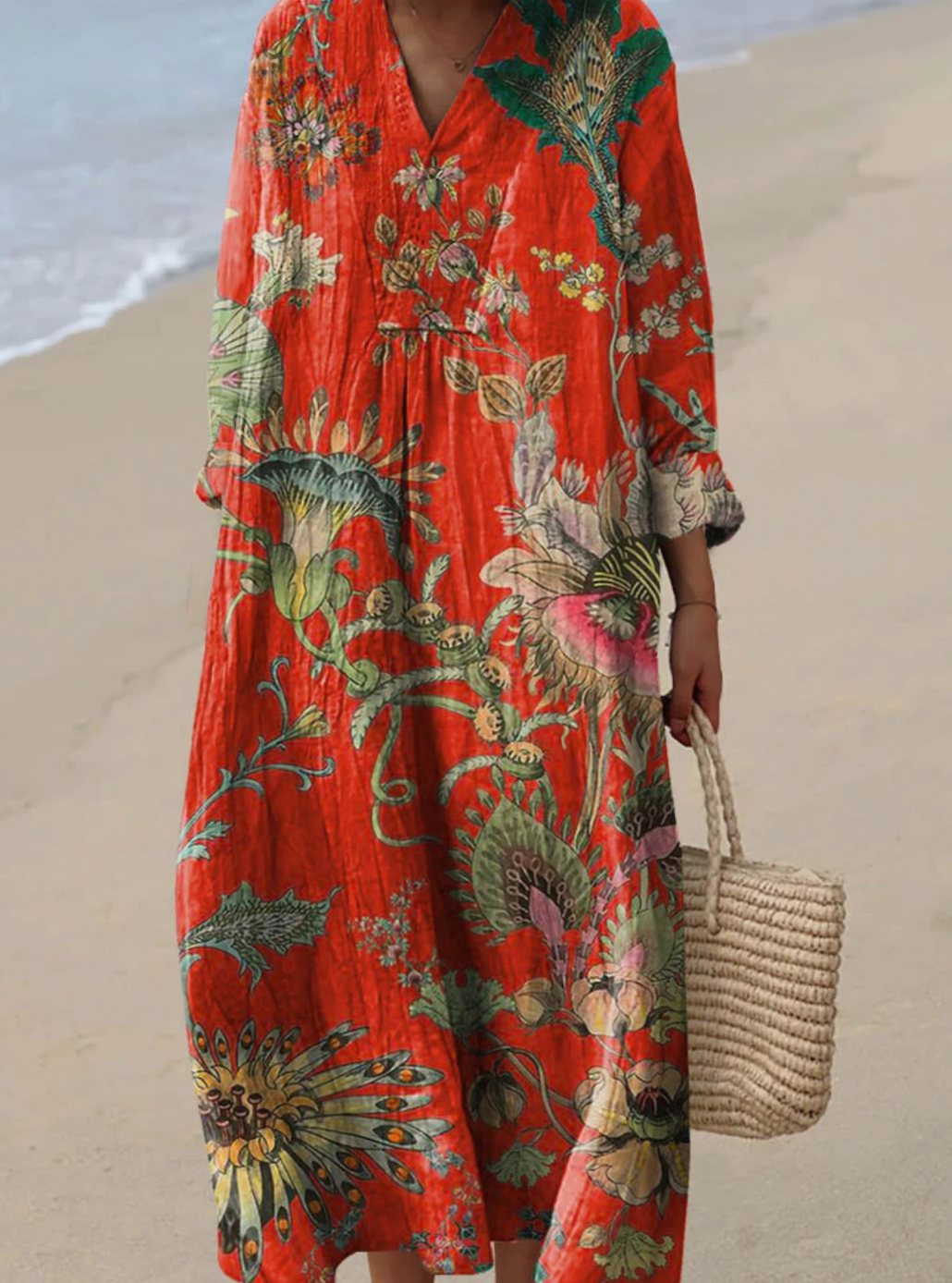Women's Vintage Floral Art Print Long Sleeve Fall Dress - Red