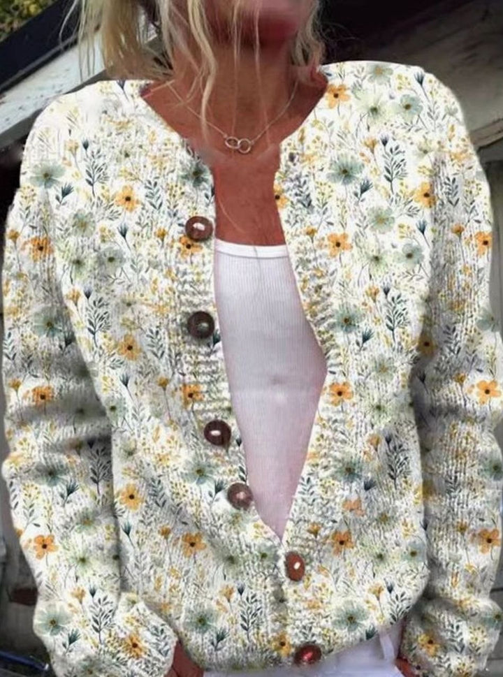 Women's Vintage Floral Knit Cardigan Button-Front Sweater - White