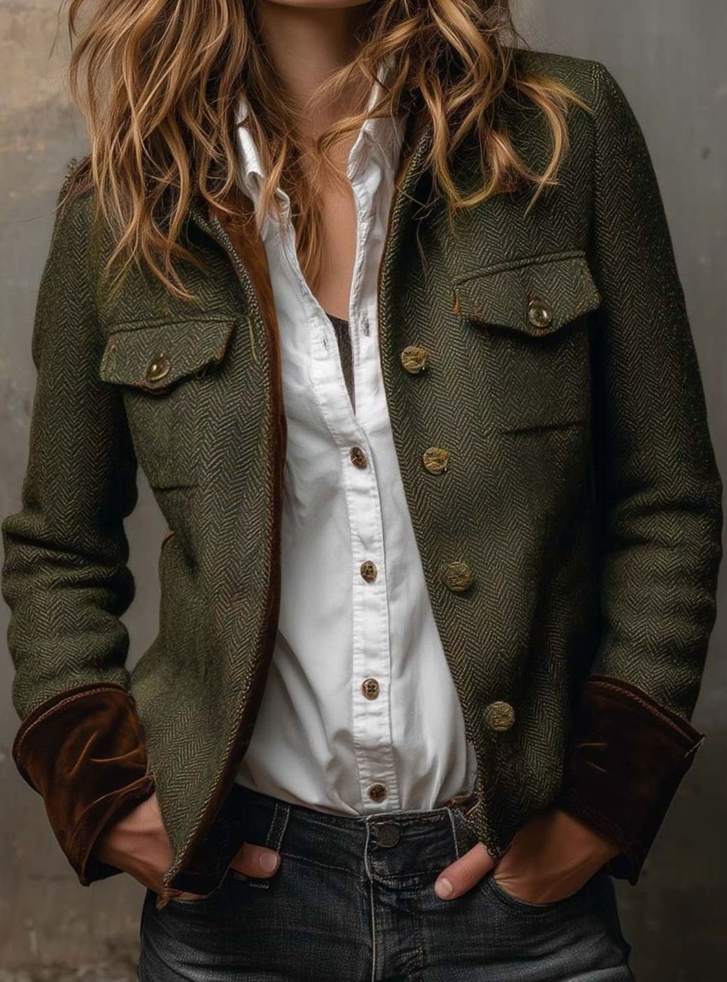 Women's Vintage Herringbone Contrast-Trim Structured Blazer Jacket - Olive