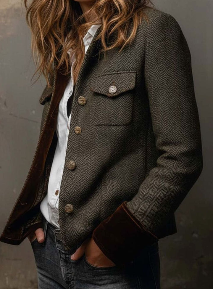 Women's Vintage Herringbone Contrast-Trim Structured Blazer Jacket