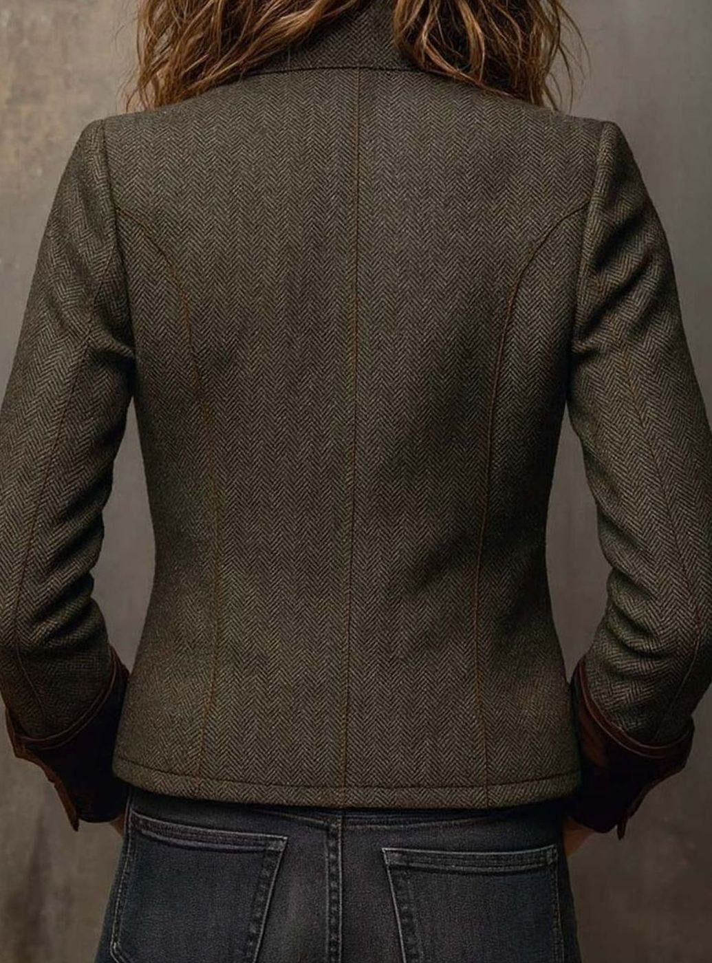 Women's Vintage Herringbone Contrast-Trim Structured Blazer Jacket