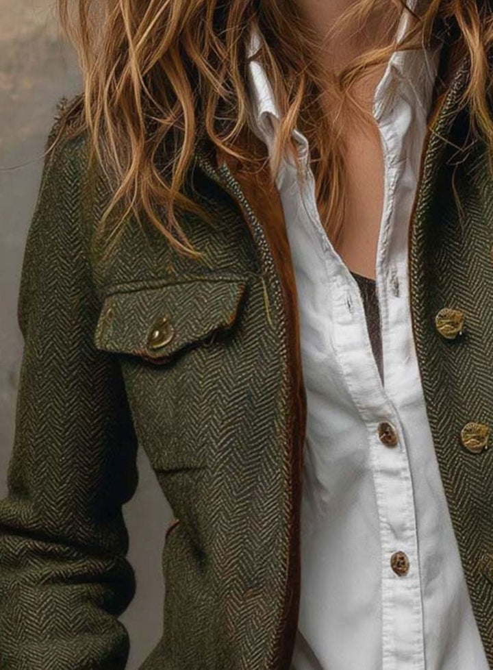 Women's Vintage Herringbone Contrast-Trim Structured Blazer Jacket