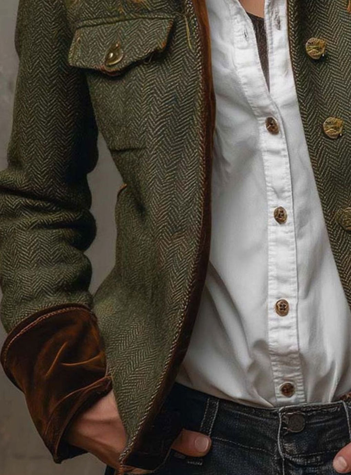 Women's Vintage Herringbone Contrast-Trim Structured Blazer Jacket