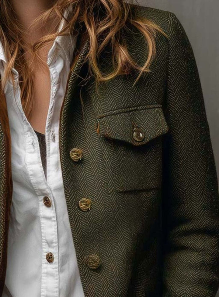 Women's Vintage Herringbone Contrast-Trim Structured Blazer Jacket