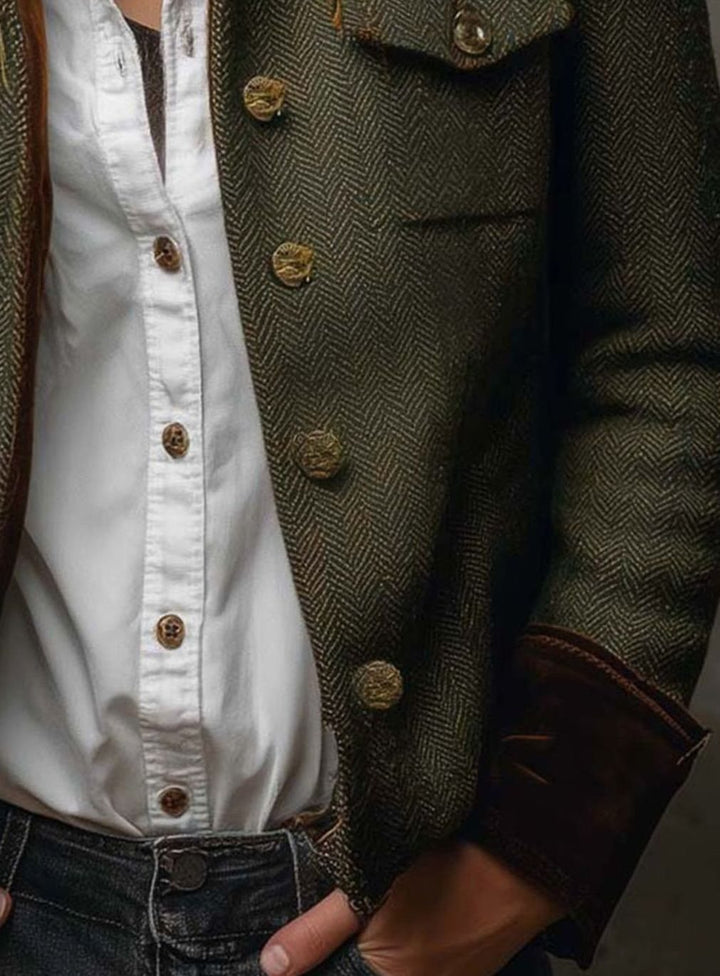 Women's Vintage Herringbone Contrast-Trim Structured Blazer Jacket