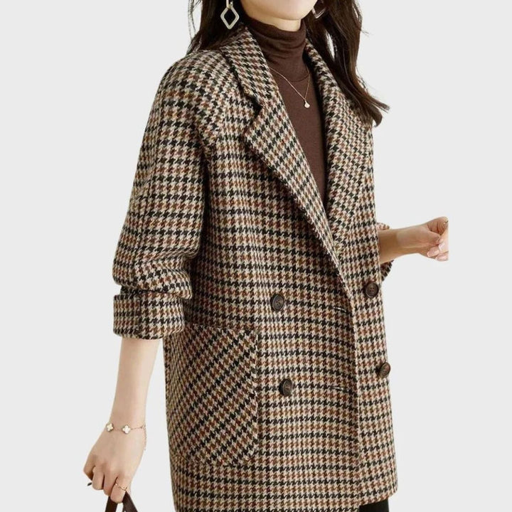 Women's Vintage Houndstooth Double-Breasted Wool-Blend Blazer Coat