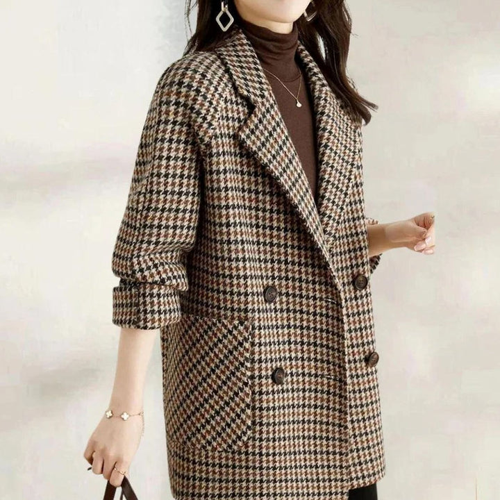Women's Vintage Houndstooth Double-Breasted Wool-Blend Blazer Coat