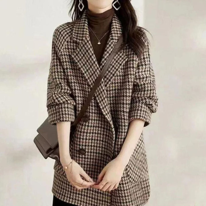 Women's Vintage Houndstooth Double-Breasted Wool-Blend Blazer Coat