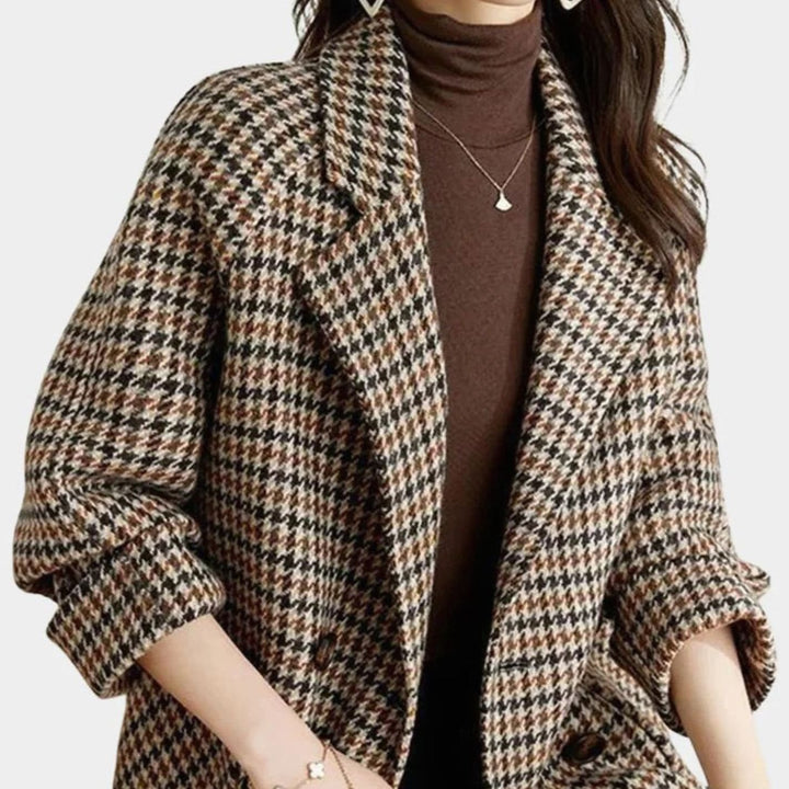 Women's Vintage Houndstooth Double-Breasted Wool-Blend Blazer Coat - Coffee